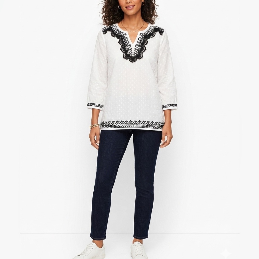 Talbots White Tunic with Black Lace Accents